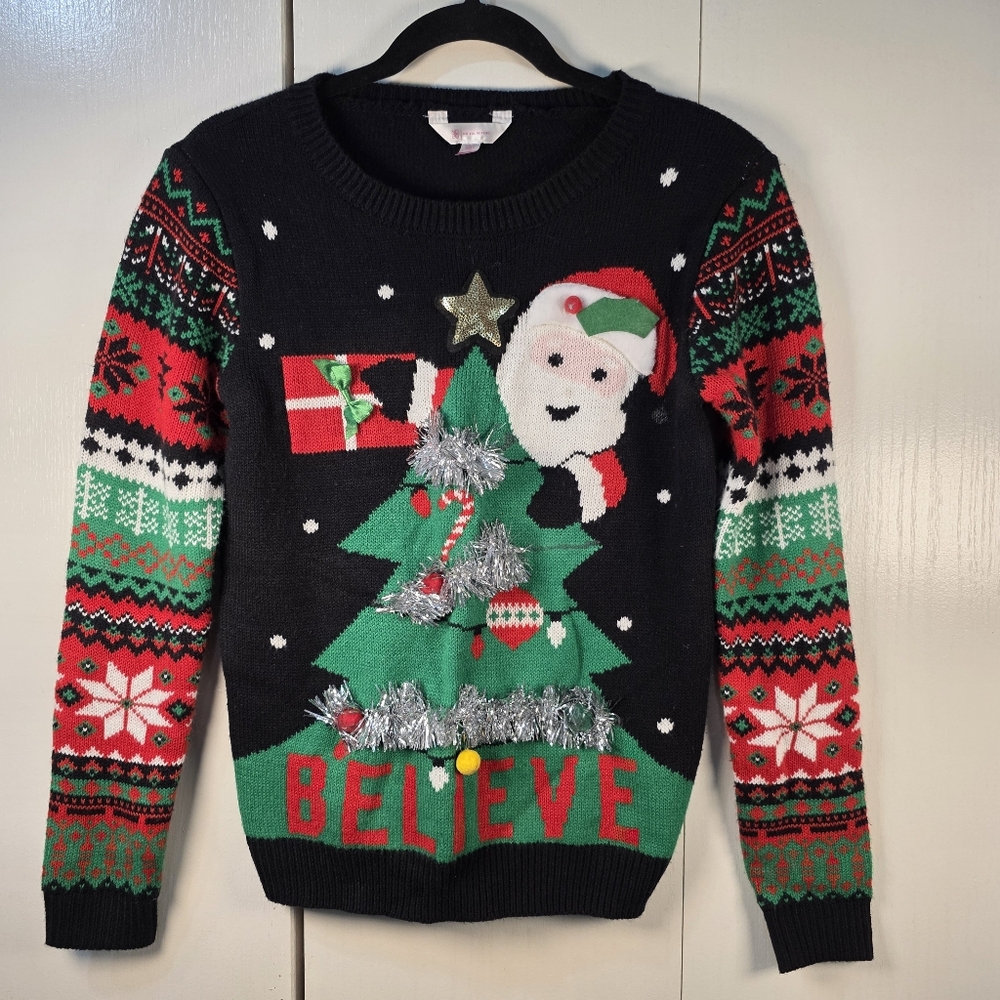 No Boundaries Christmas Sweater Women M Black Santa Tree Tinsel Believe Festive